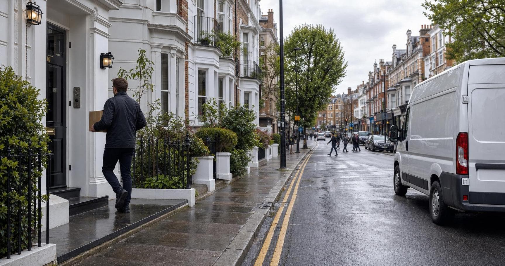 Courier handling a prepared consignment in Beckenham, with busy retail streets, offices and well-connected residential areas forming the local backdrop