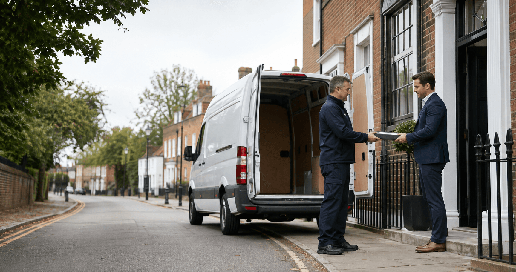 Courier handling a prepared consignment in Bexley, with village offices, suburban homes and nearby commercial estates forming the local backdrop