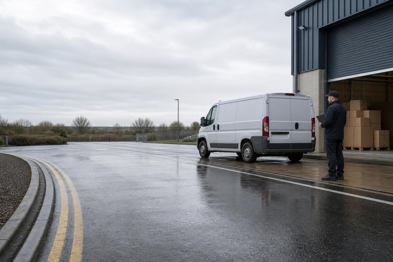 Unbranded courier vehicle ready to leave Biggin Hill with aviation components, tools and specialist documents secured for direct transport