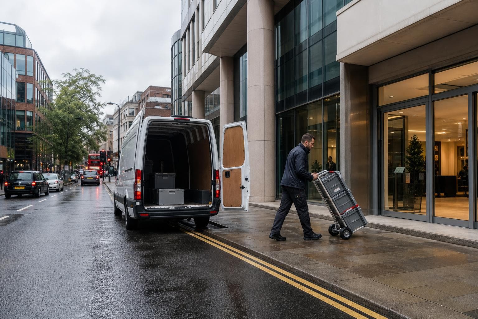 Courier handling a prepared consignment in Bromley, with large commercial centres, civic offices and dense neighbourhoods forming the local backdrop