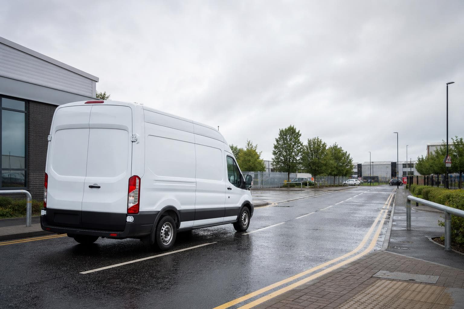 Courier handling a prepared consignment in Chelsfield, with village-edge homes, schools and small commercial premises forming the local backdrop