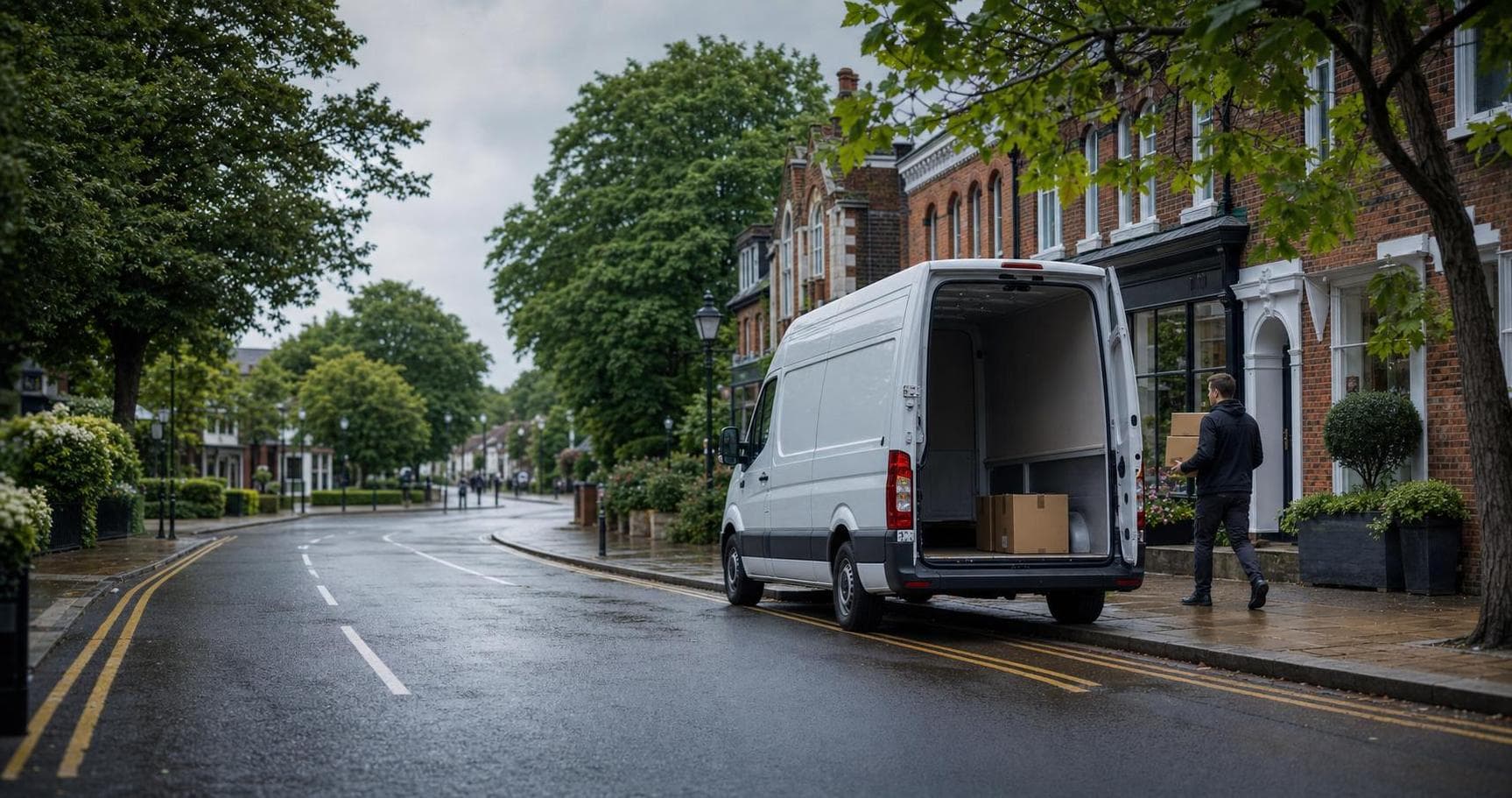 Courier handling a prepared consignment in Chislehurst, with village-style shops, clinics and surrounding residential lanes forming the local backdrop