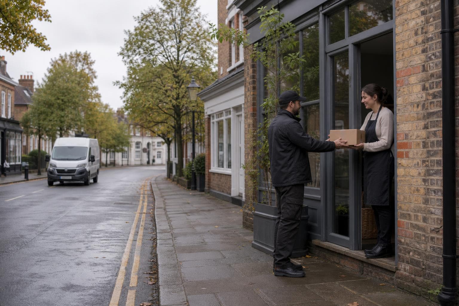 Unbranded courier vehicle ready to leave Chislehurst with clinical parcels, signed papers and boutique stock secured for direct transport