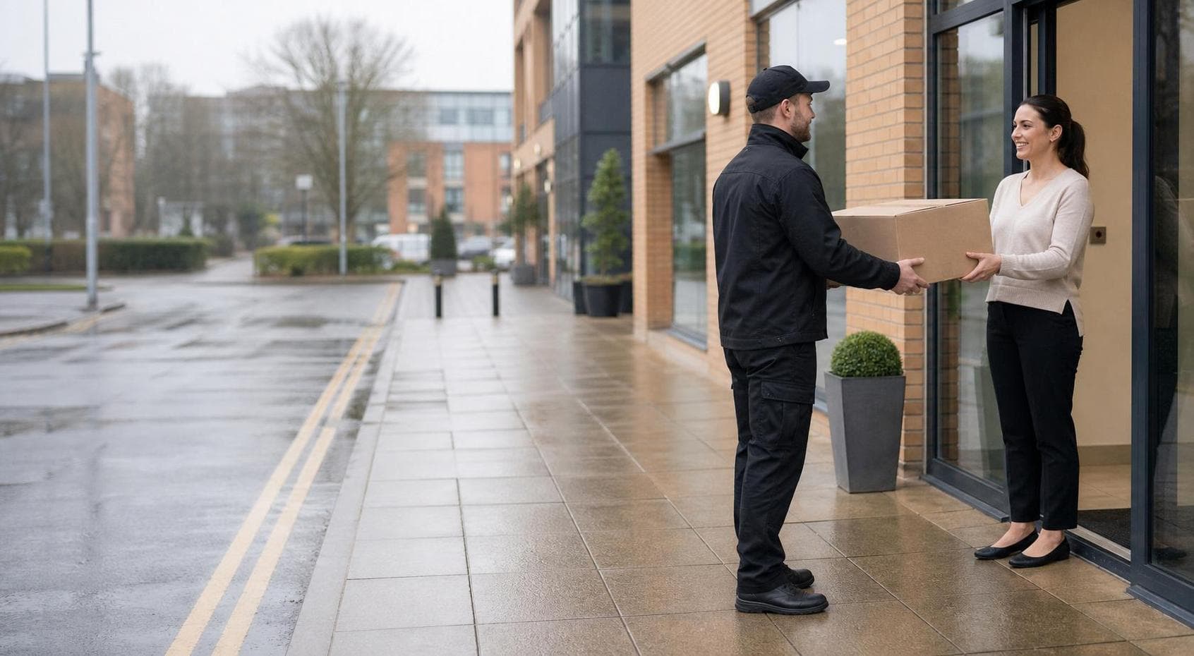 Courier handing a plain parcel to an office worker outside a modern building in Orpington.