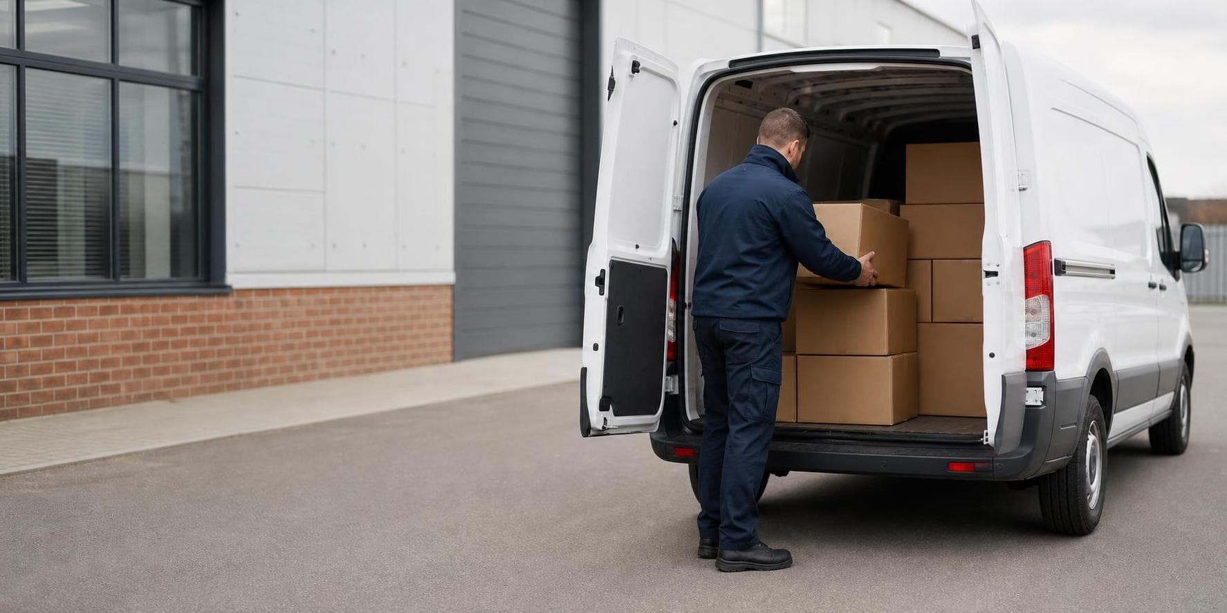 Courier handling a prepared consignment in Crofton, with residential avenues with schools, practices and home businesses forming the local backdrop