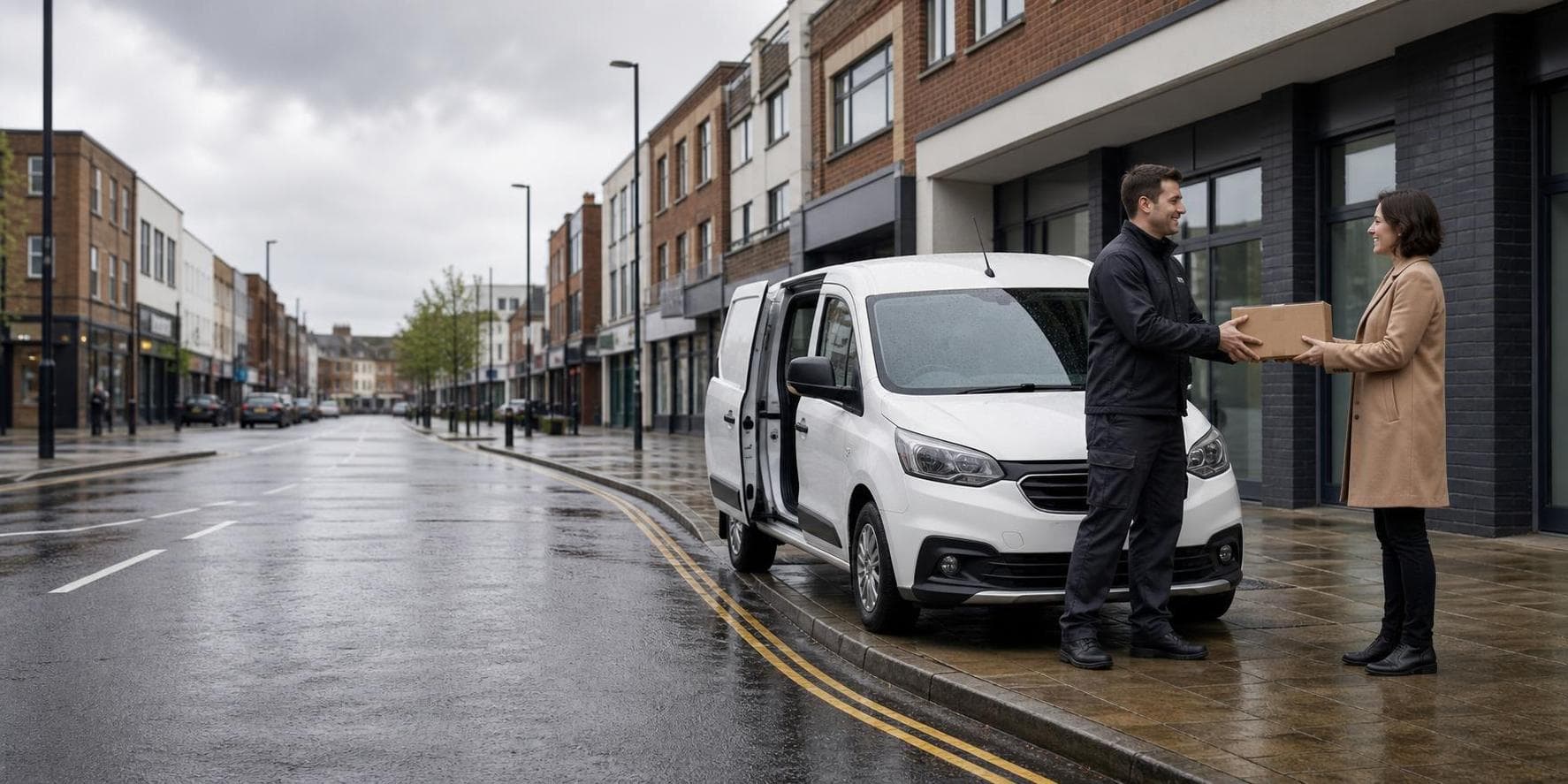 Courier handling a prepared consignment in Farnborough, with healthcare sites, suburban businesses and residential streets forming the local backdrop