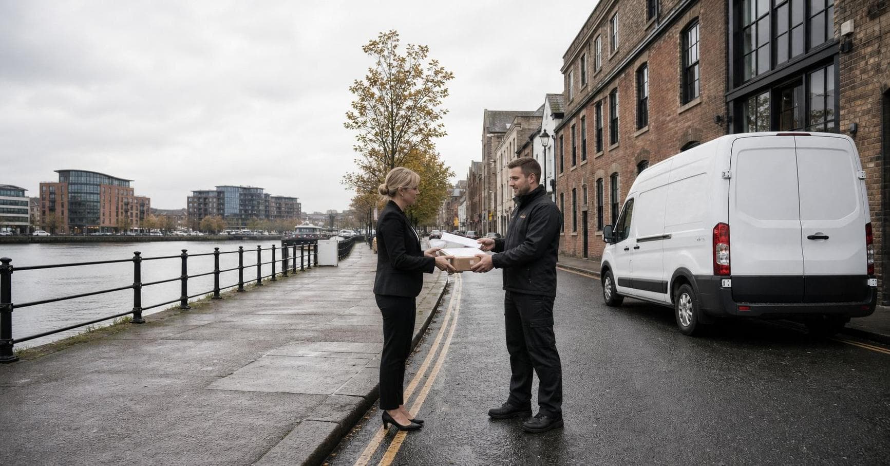 Courier handling a prepared consignment in Locksbottom, with hospital-area services, local shops and professional practices forming the local backdrop