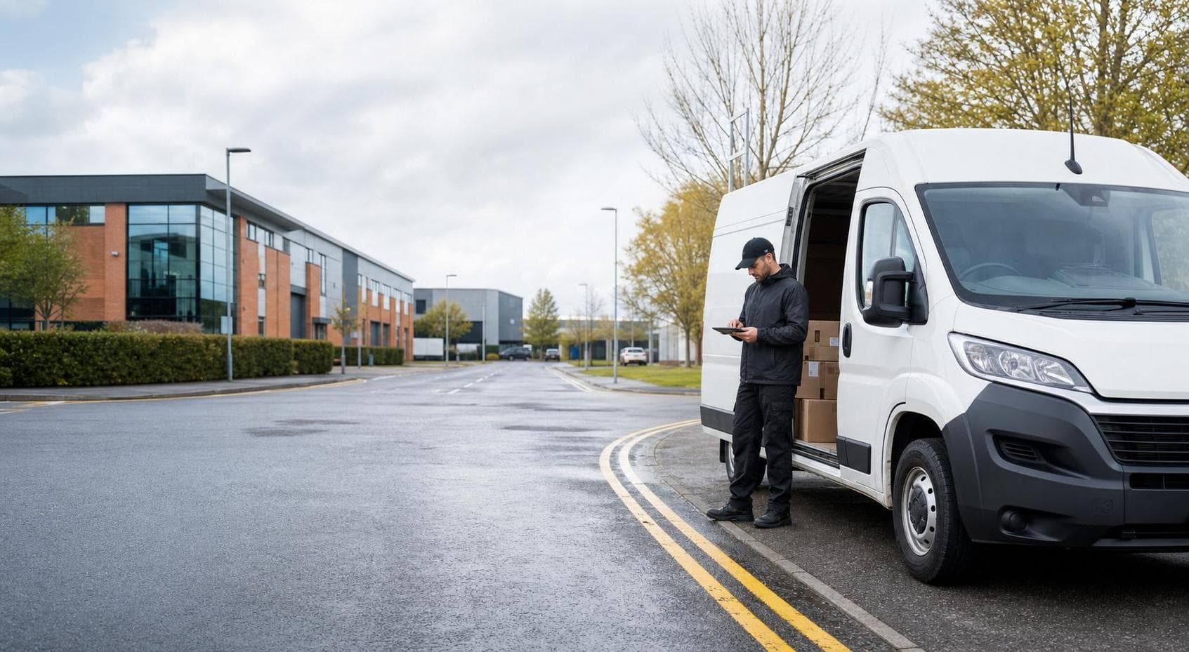 Unbranded courier van and driver preparing parcels beside offices in Orpington on a wet British street.
