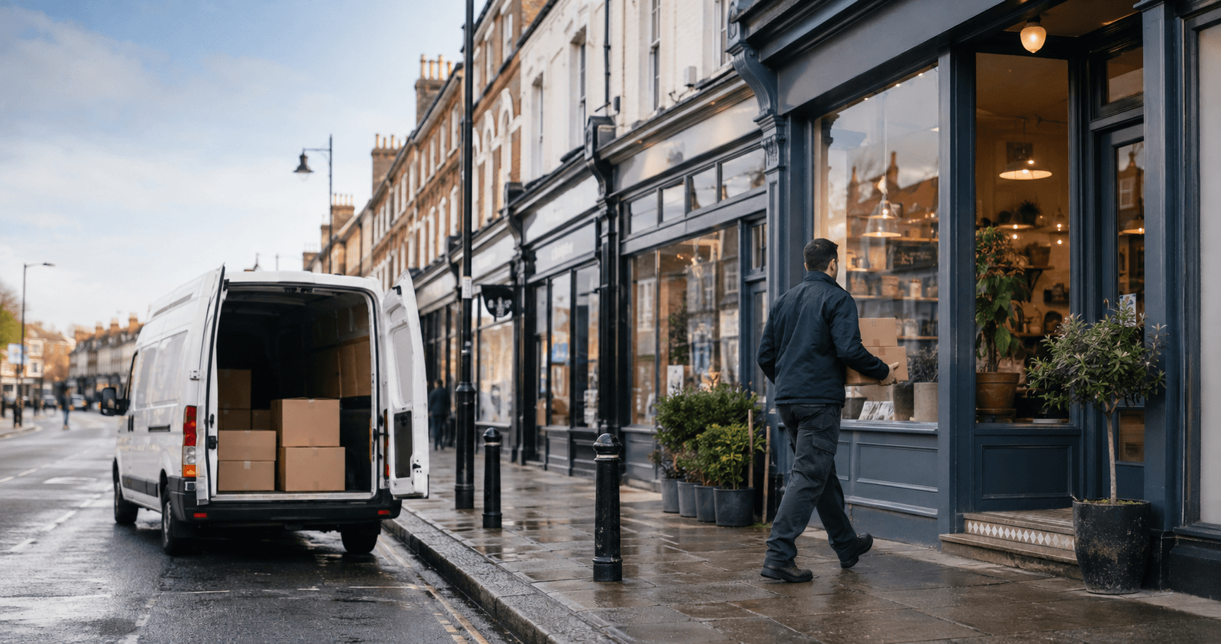 Courier handling a prepared consignment in Penge, with dense mixed-use streets of independent shops, offices and homes forming the local backdrop