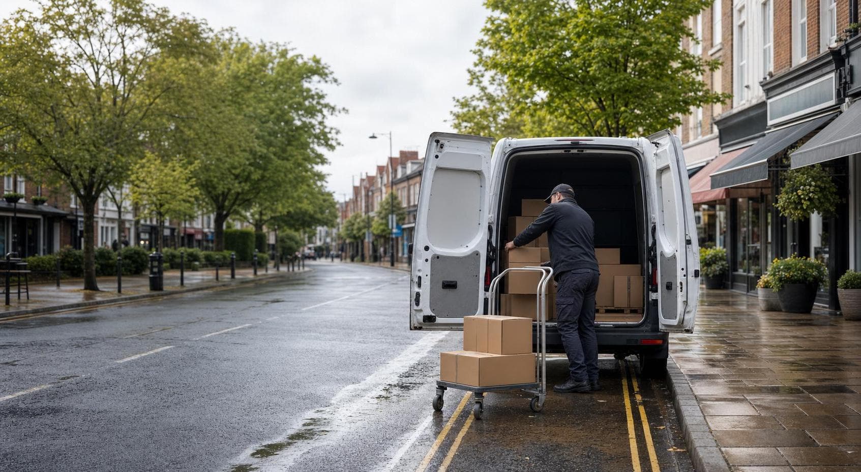 Courier handling a prepared consignment in Petts Wood, with leafy shopping streets, professional offices and residential roads forming the local backdrop