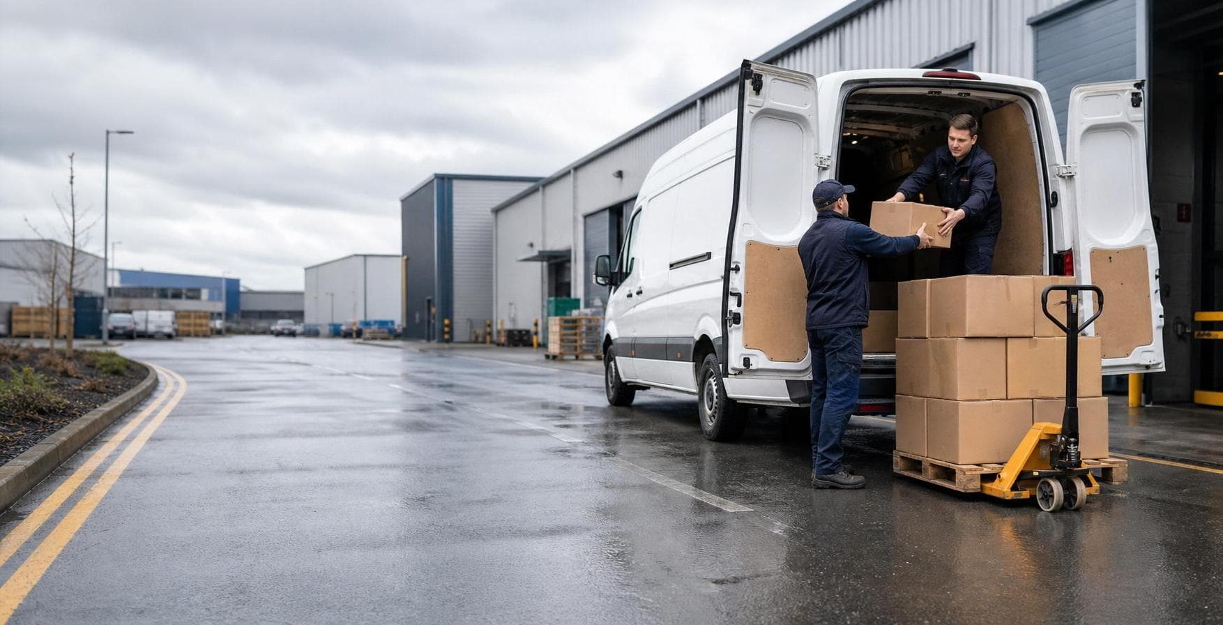 Courier handling a prepared consignment in Shortlands, with commuter streets, apartment buildings and professional services forming the local backdrop