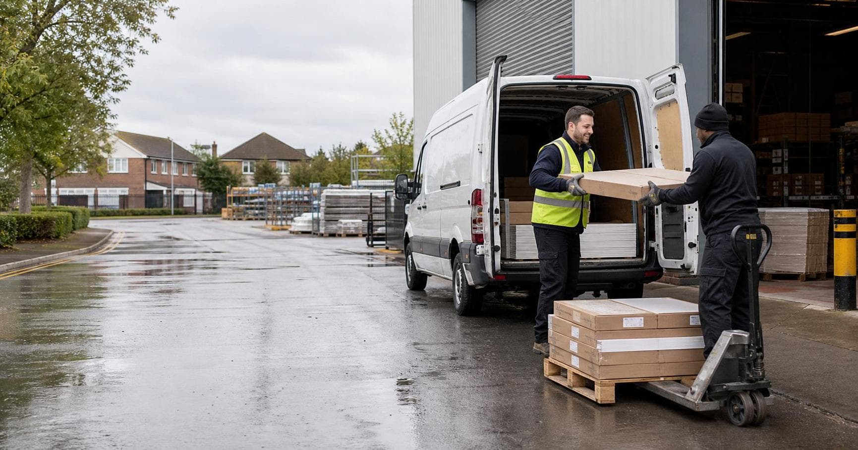 Courier handling a prepared consignment in Sidcup, with suburban high streets alongside trade and industrial premises forming the local backdrop