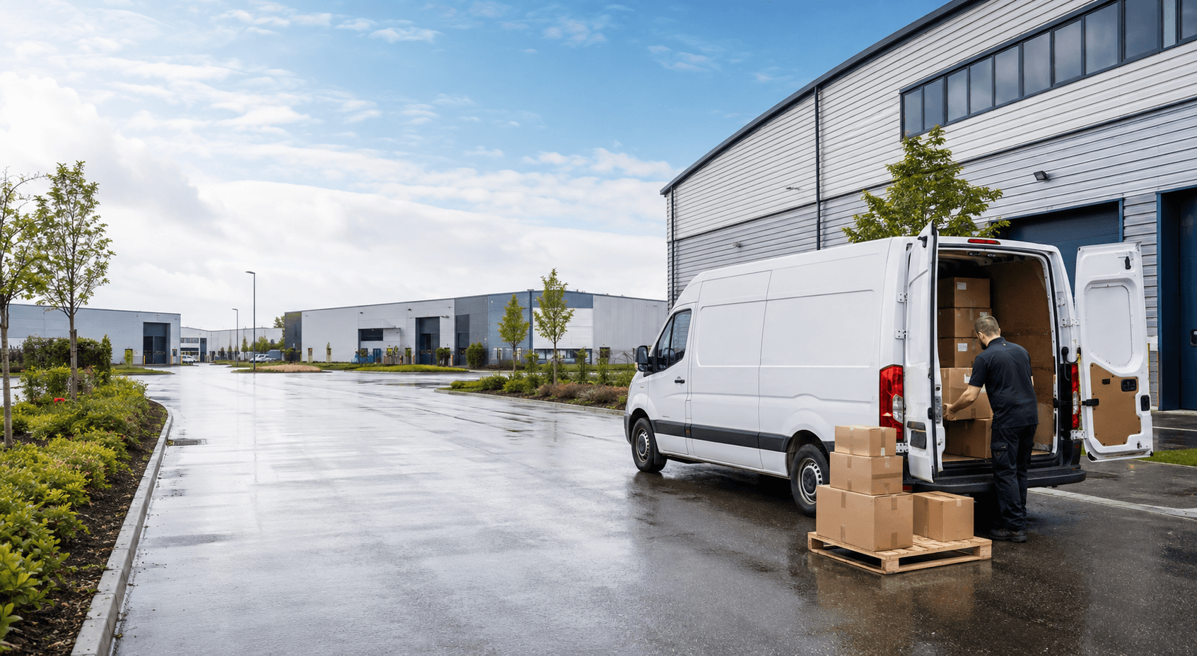 Courier handling a prepared consignment in Swanley, with large business parks, distribution units and Kent town streets forming the local backdrop