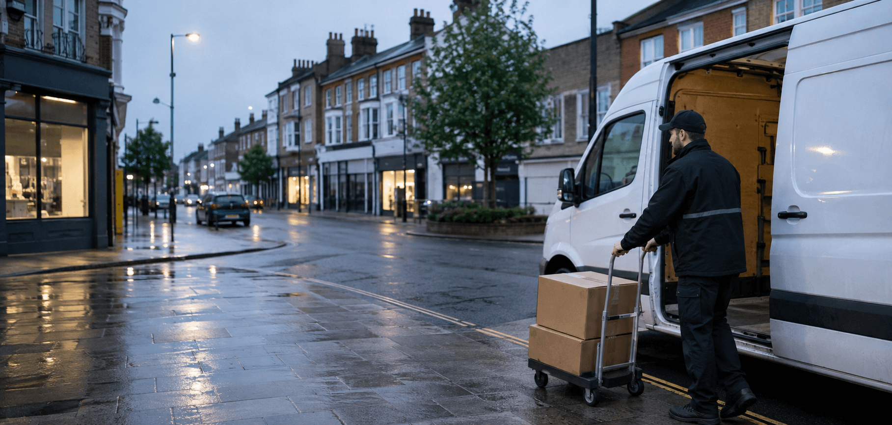 Unbranded courier vehicle ready to leave Welling with office equipment, repair parts and boxed orders secured for direct transport