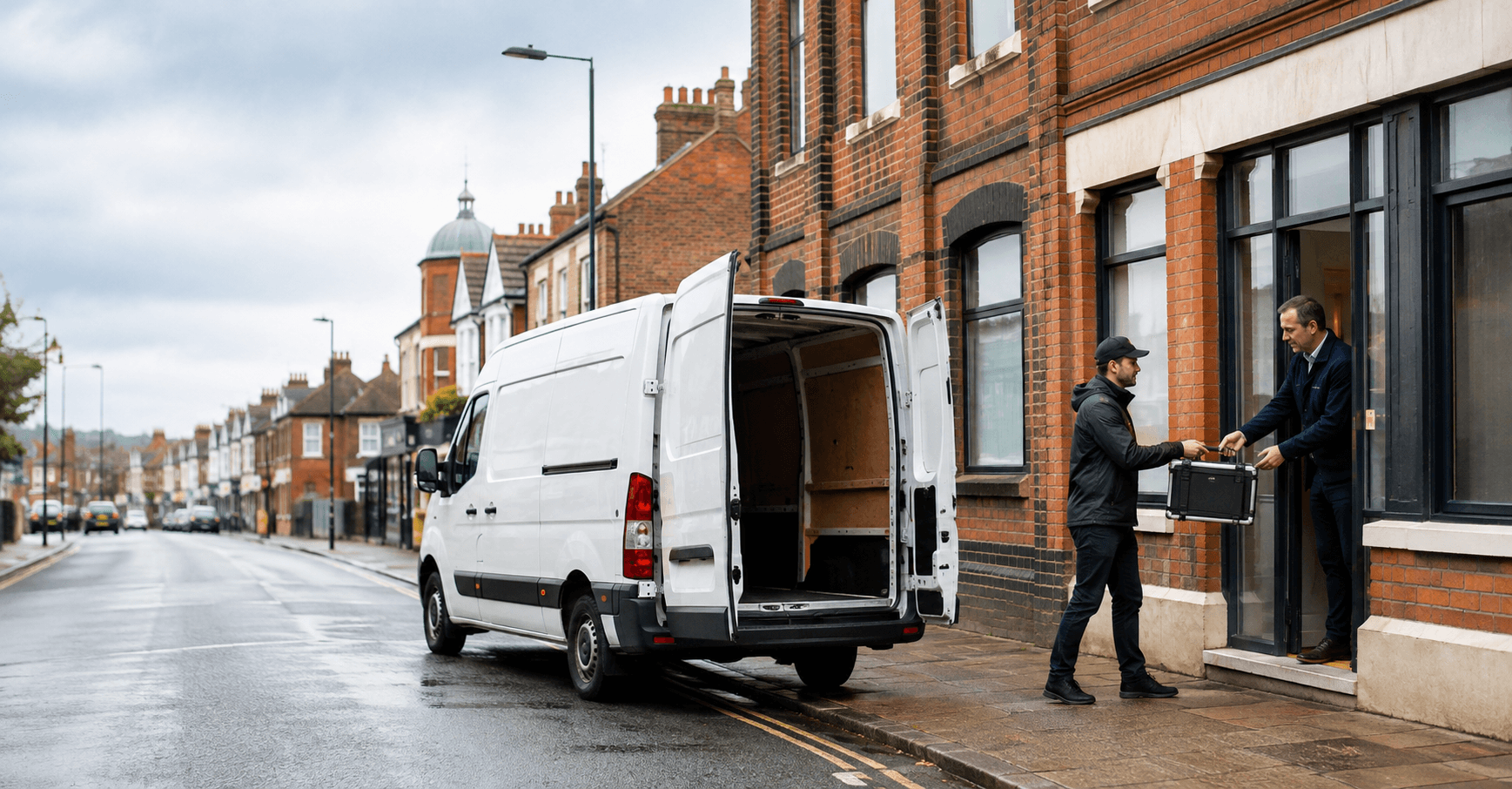 Courier handling a prepared consignment in Welling, with suburban retail streets, offices and compact industrial yards forming the local backdrop