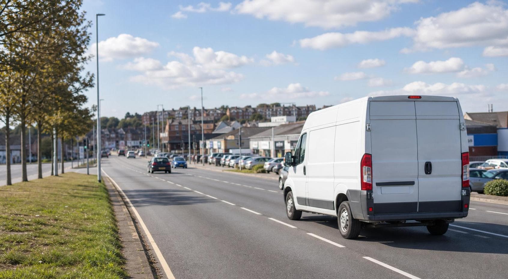 Courier handling a prepared consignment in West Wickham, with a busy high street with offices, shops and neighbourhood collections forming the local backdrop